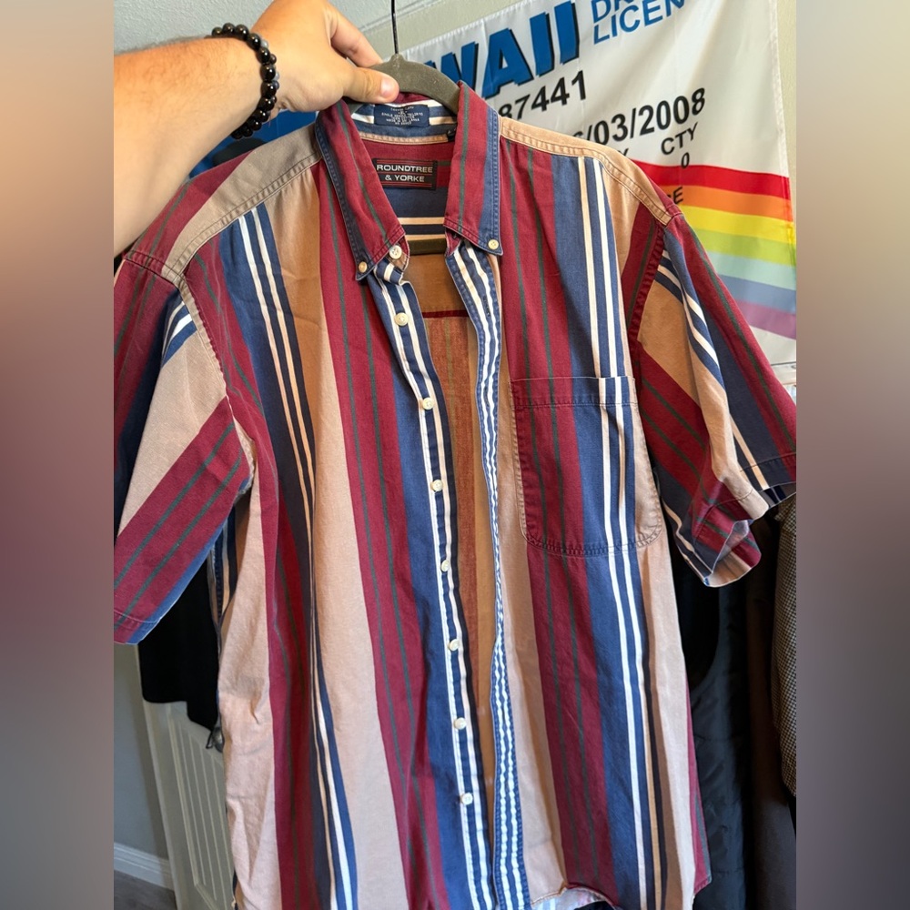 Vintage Men's Striped Western Work Shirt button up Red, Blue & Tan Cotton Cowboy